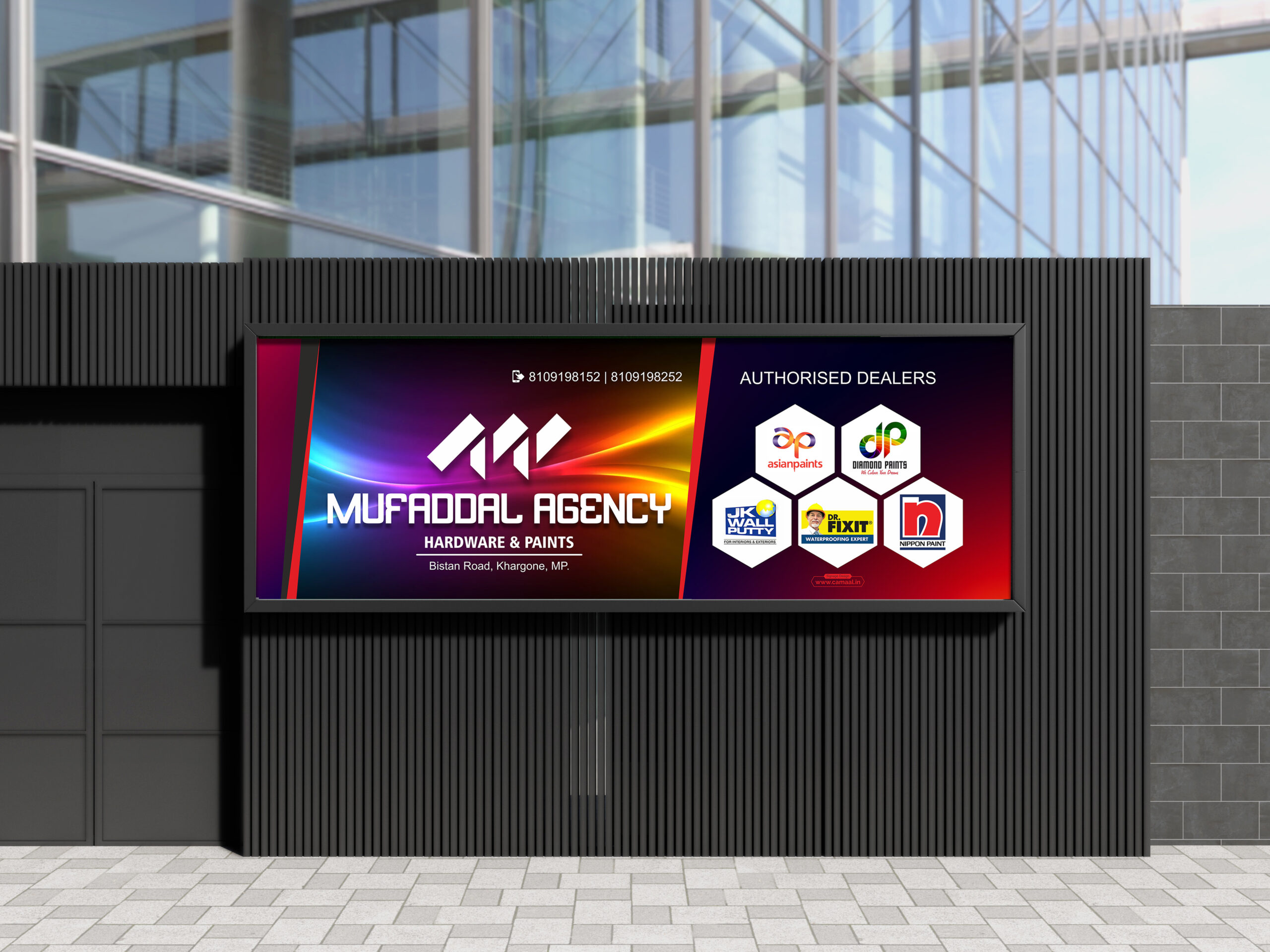 Shop Signboard Design for Mufaddal Agency for Asian Paints Dr Fixit Nippon Paint Diamond Paints Jalgaon for their shop in Khargone Madhya Pradesh 