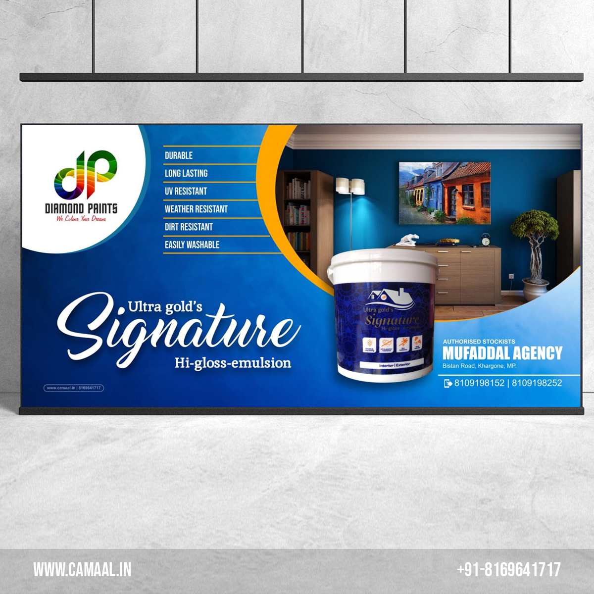 Signboard Banner Design for Signature Diamond Paints Mufaddal Agency Khargone Jalgaon by Creativo Camaal Freelance Graphic Designer from Mumbai India