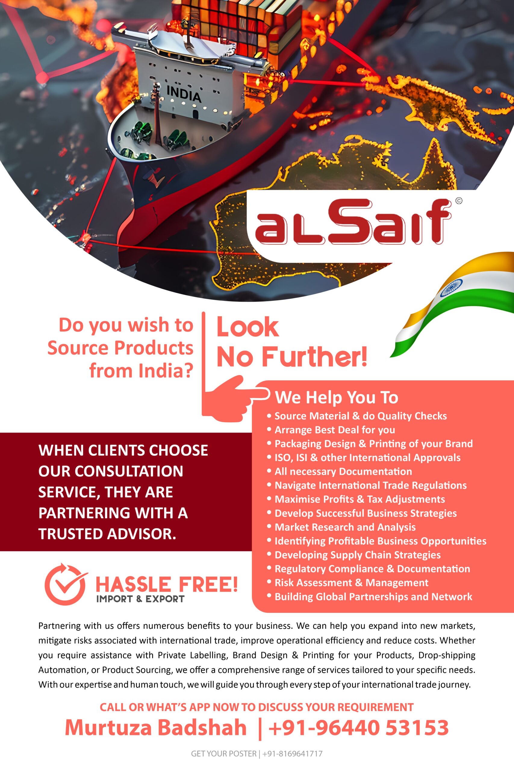 Marketing Flyer Design for Al Saif Import Export Advisors / Consultants from Indore by Freelance Graphic Designer Creativo Camaal from Mumbai India for Nairobi Kenya and other African markets