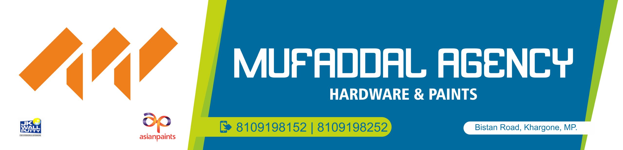 Shop Signboard Design for Mufaddal Agency for Asian Paints Dr Fixit Nippon Paint Diamond Paints Jalgaon for their shop in Khargone Madhya Pradesh 