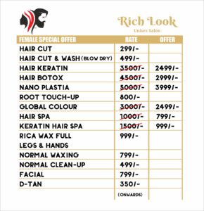 Menu Board Design for Rich Look Salon by Freelance Graphic Designer Creativo Camaal from Mumbai India