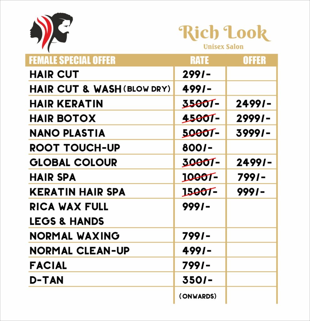 Menu Board Design for Rich Look Salon by Freelance Graphic Designer Creativo Camaal from Mumbai India