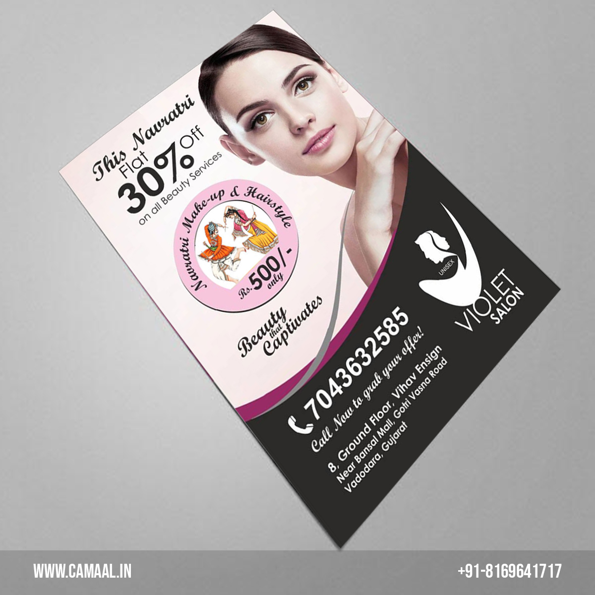 Flyer Designing & Printing for Violet Salon Baroda by Creativo Camaal Freelance Graphic Designer from Mumbai India