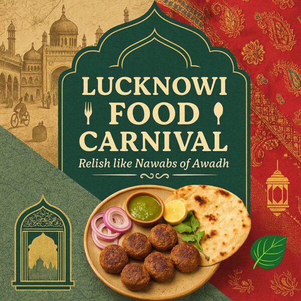 Lucknowi Food Carnival Social Media Square Poster Design with Logo Design and Cultural Icons of the Nawab Awadh Cuisine
